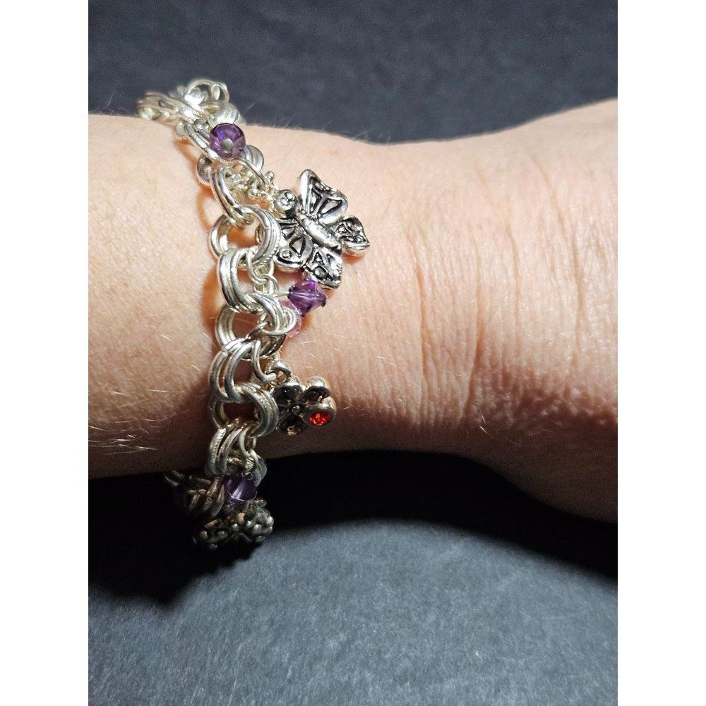 Silver tone flower garden charm bracelet 6.75"